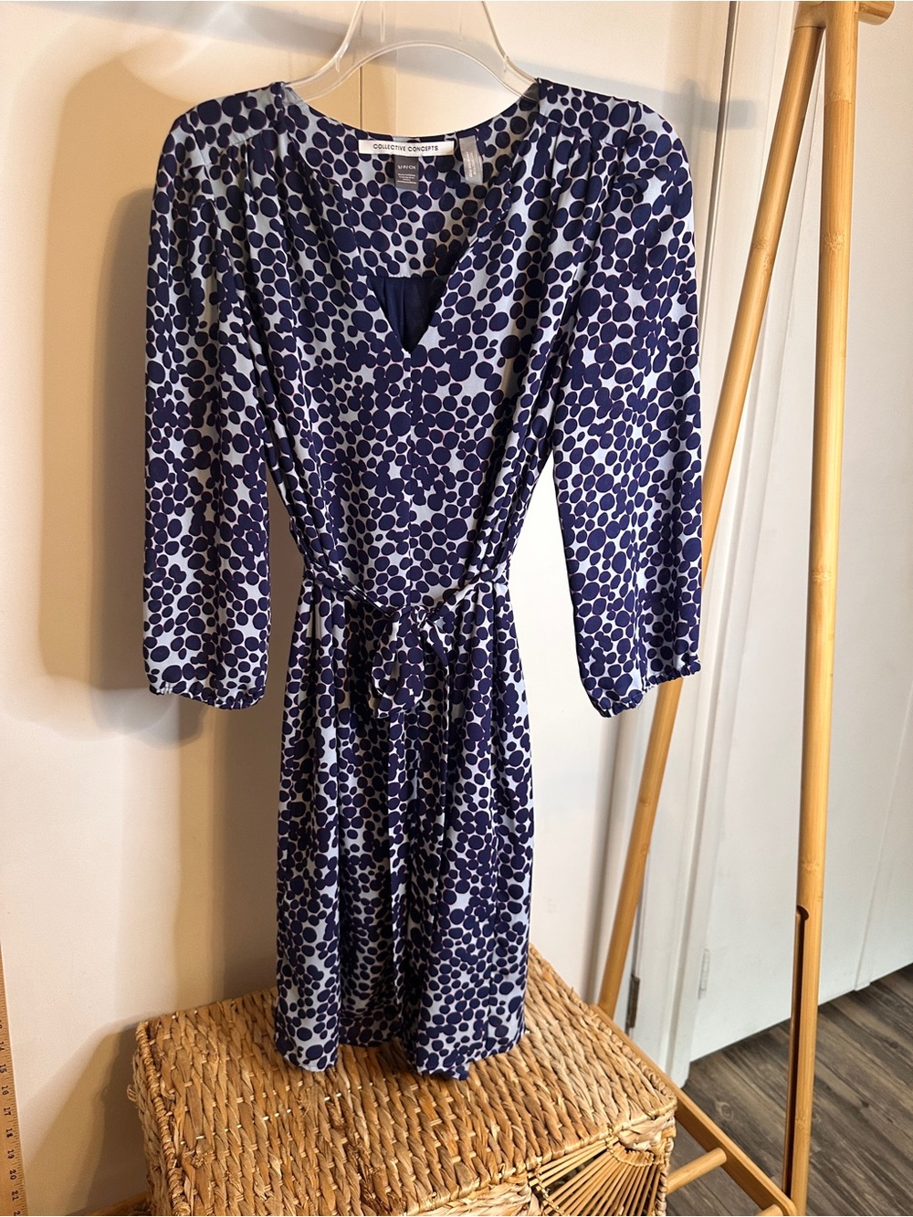 Collective Concepts Navy and White Polka Dot Wrap Midi Dress
